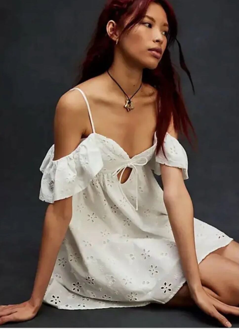 For Love & Lemons Weston Mini Dress in White Eyelet Womens Large